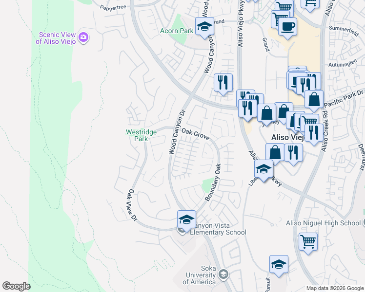map of restaurants, bars, coffee shops, grocery stores, and more near 6 Piccadilly Court in Aliso Viejo