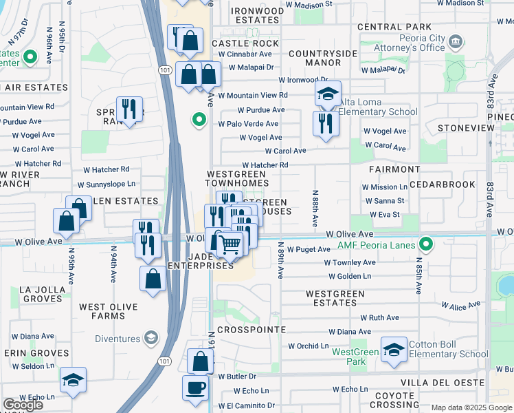 map of restaurants, bars, coffee shops, grocery stores, and more near 8940 West Olive Avenue in Peoria
