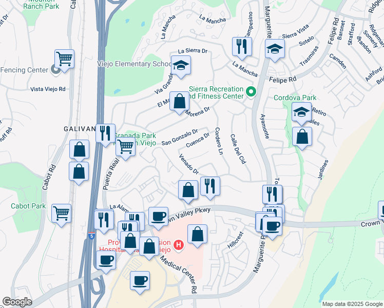 map of restaurants, bars, coffee shops, grocery stores, and more near 26675 Cuenca Drive in Mission Viejo