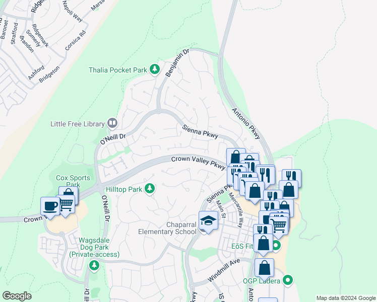 map of restaurants, bars, coffee shops, grocery stores, and more near 15 Iron Horse Trail in Ladera Ranch