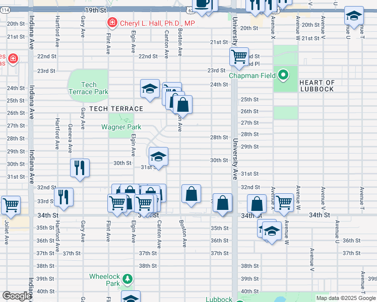 map of restaurants, bars, coffee shops, grocery stores, and more near 2615 28th Street in Lubbock