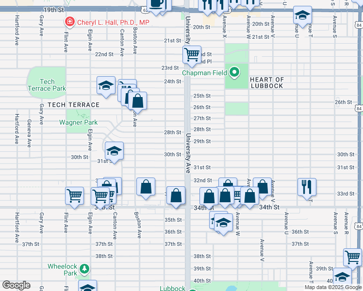 map of restaurants, bars, coffee shops, grocery stores, and more near 2505 28th Street in Lubbock