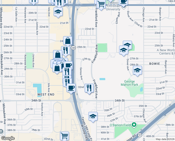 map of restaurants, bars, coffee shops, grocery stores, and more near 2722 Frankford Avenue in Lubbock