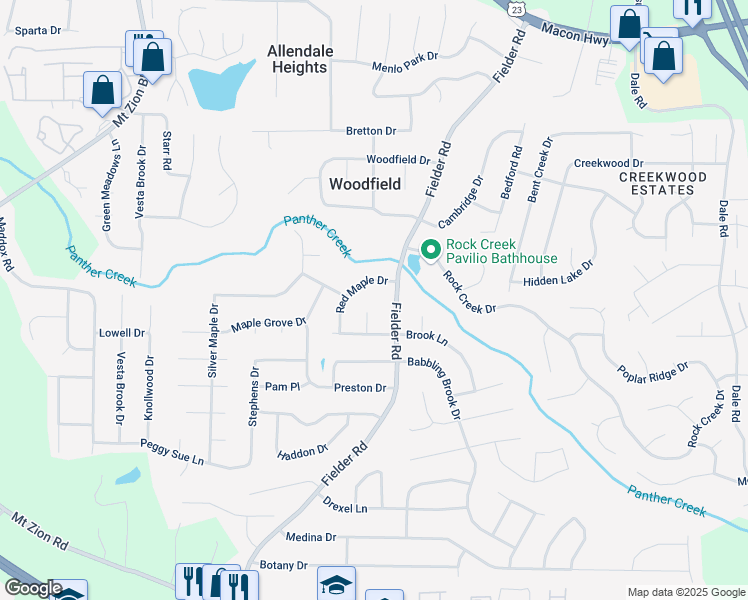 map of restaurants, bars, coffee shops, grocery stores, and more near 6848 Fielder Ct in Clayton