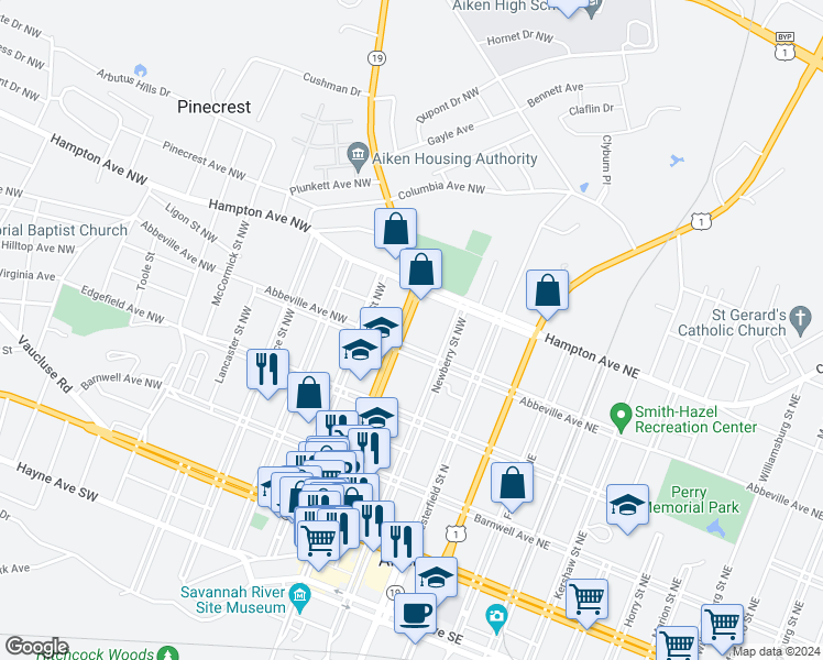 map of restaurants, bars, coffee shops, grocery stores, and more near 438 Laurens Street Northwest in Aiken