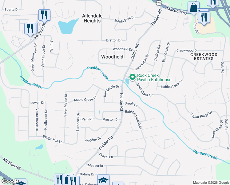 map of restaurants, bars, coffee shops, grocery stores, and more near 6817 Red Maple Drive in Rex