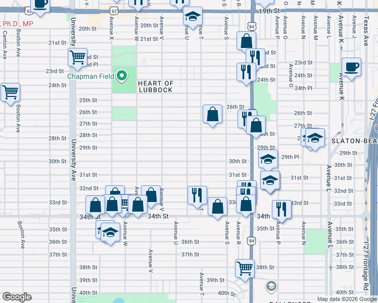 map of restaurants, bars, coffee shops, grocery stores, and more near 2008 29th Street in Lubbock