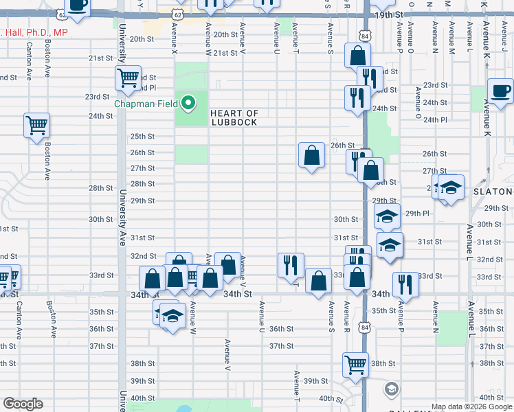 map of restaurants, bars, coffee shops, grocery stores, and more near 2114 29th Street in Lubbock