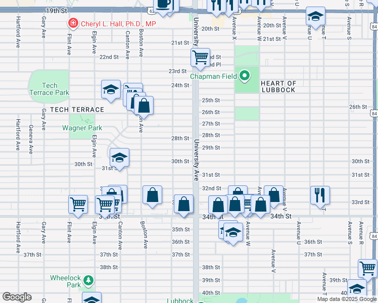 map of restaurants, bars, coffee shops, grocery stores, and more near 2505 28th Street in Lubbock