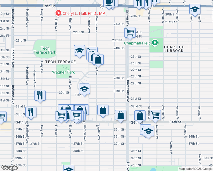 map of restaurants, bars, coffee shops, grocery stores, and more near 2615 28th Street in Lubbock