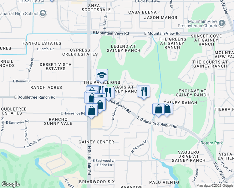 map of restaurants, bars, coffee shops, grocery stores, and more near 7222 East Gainey Ranch Road in Scottsdale