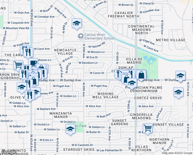 map of restaurants, bars, coffee shops, grocery stores, and more near 3817 West Caron Street in Phoenix