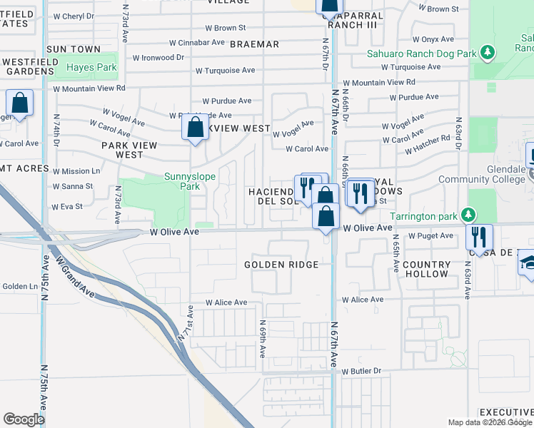 map of restaurants, bars, coffee shops, grocery stores, and more near 9114 North 68th Lane in Peoria