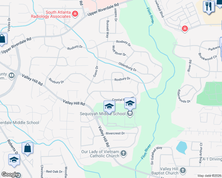 map of restaurants, bars, coffee shops, grocery stores, and more near 6796 Black Twig Court in Riverdale