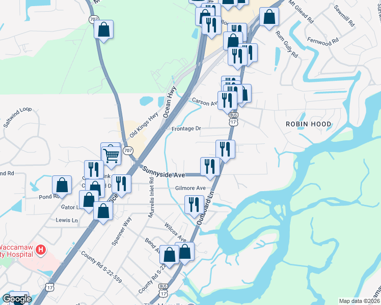 map of restaurants, bars, coffee shops, grocery stores, and more near 680 Eden Avenue in Murrells Inlet