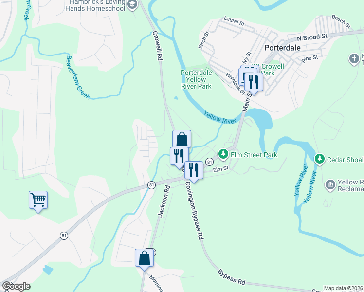 map of restaurants, bars, coffee shops, grocery stores, and more near 605 Crowell Road in Porterdale