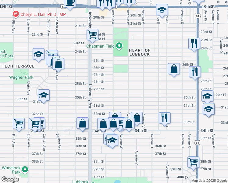 map of restaurants, bars, coffee shops, grocery stores, and more near 2319 29th Street in Lubbock