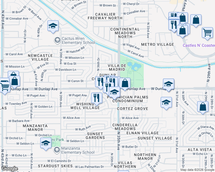 map of restaurants, bars, coffee shops, grocery stores, and more near 3522 West Dunlap Avenue in Phoenix