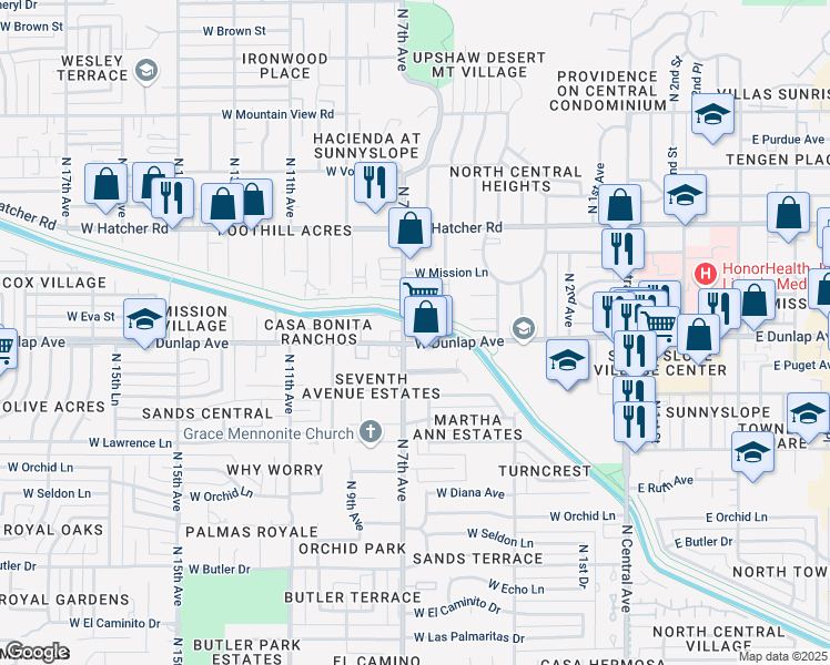 map of restaurants, bars, coffee shops, grocery stores, and more near 637 West Mission Lane in Phoenix
