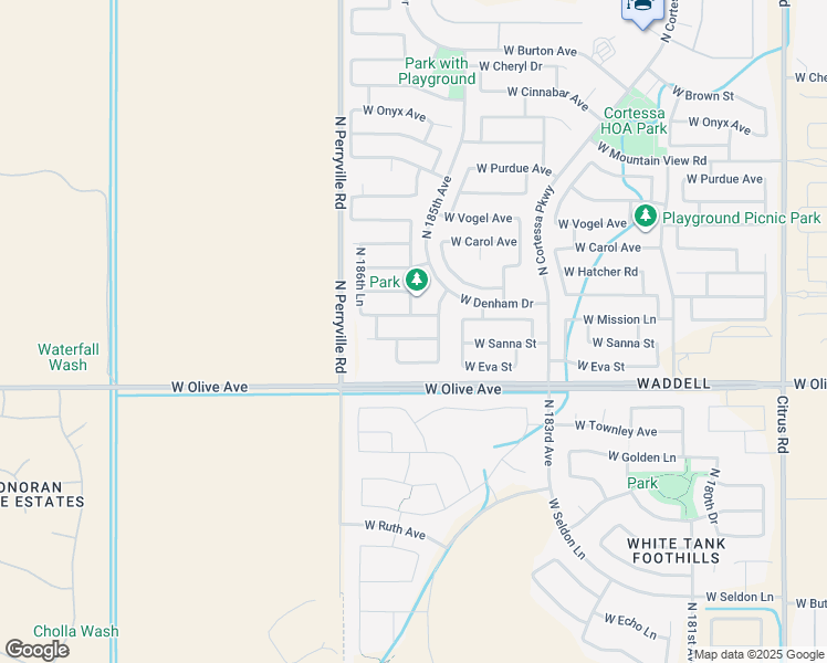 map of restaurants, bars, coffee shops, grocery stores, and more near 18507 West Mission Lane in Waddell
