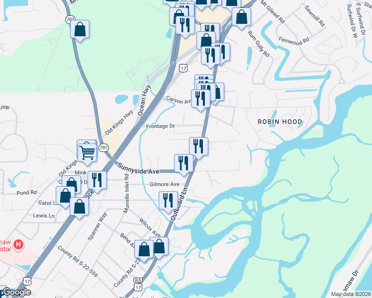map of restaurants, bars, coffee shops, grocery stores, and more near 18 Vintners Lane in Murrells Inlet