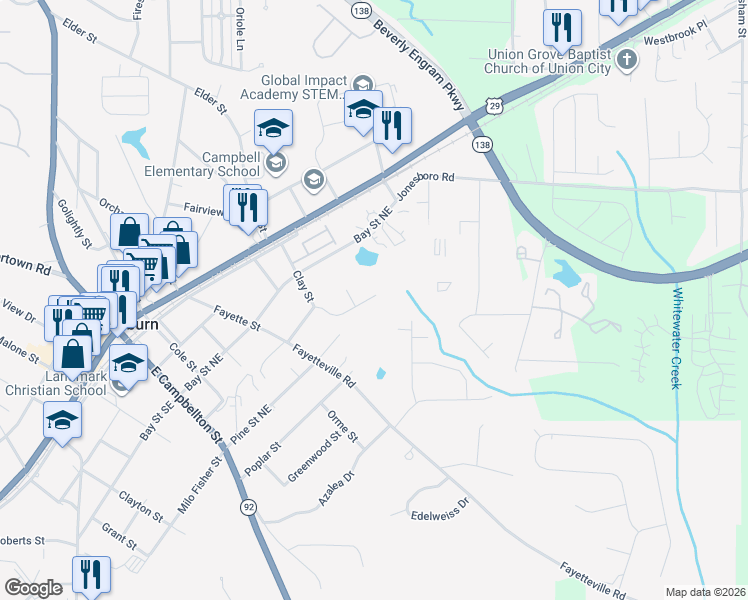 map of restaurants, bars, coffee shops, grocery stores, and more near 156 Summerwood Drive in Fairburn