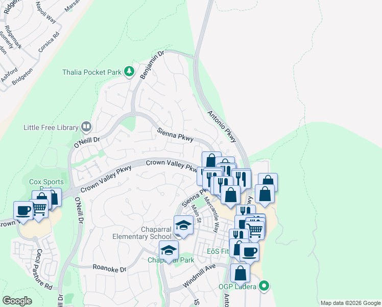 map of restaurants, bars, coffee shops, grocery stores, and more near 9 Skywood Street in Ladera Ranch