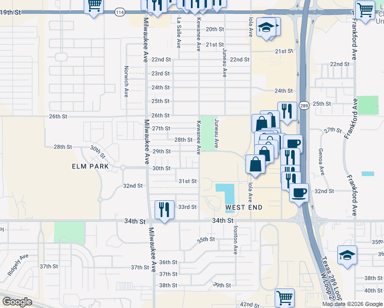 map of restaurants, bars, coffee shops, grocery stores, and more near 6308 29th Street in Lubbock