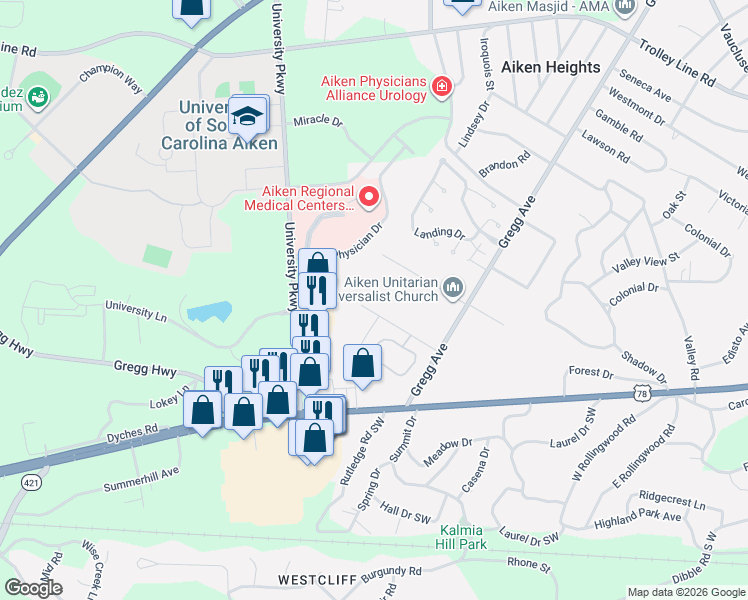 map of restaurants, bars, coffee shops, grocery stores, and more near 3514 Augustus Road in Aiken