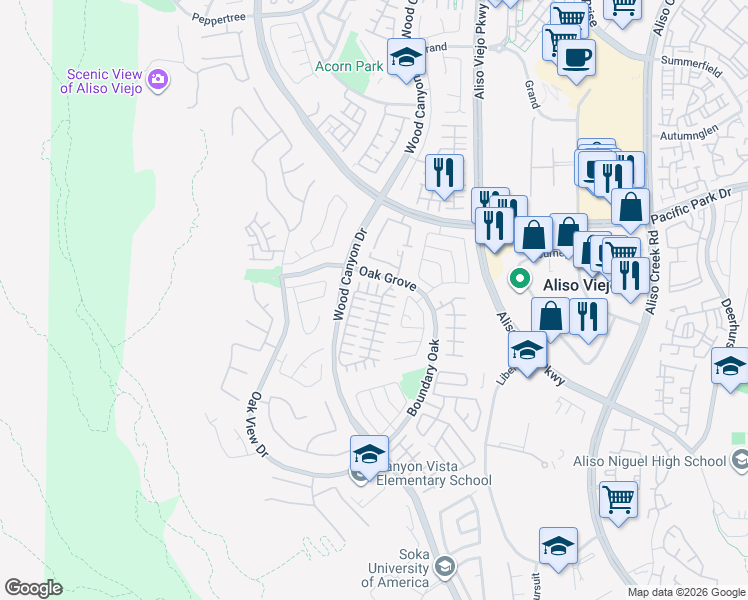 map of restaurants, bars, coffee shops, grocery stores, and more near 1 Rex Court in Aliso Viejo