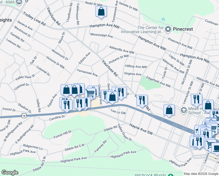 map of restaurants, bars, coffee shops, grocery stores, and more near 1021 Seminole Avenue in Aiken