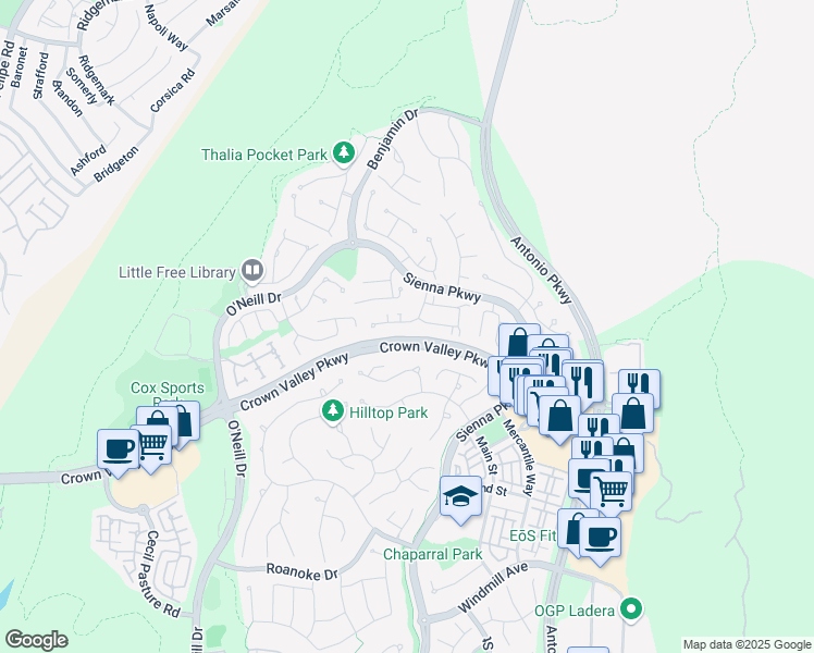 map of restaurants, bars, coffee shops, grocery stores, and more near 36 Iron Horse Trail in Ladera Ranch