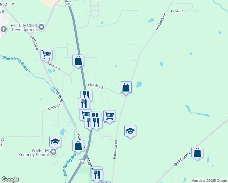 map of restaurants, bars, coffee shops, grocery stores, and more near 2610 18th Avenue South in Pell City