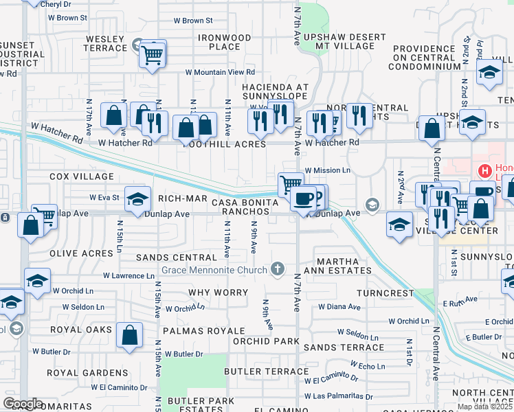 map of restaurants, bars, coffee shops, grocery stores, and more near 939 West Mission Lane in Phoenix