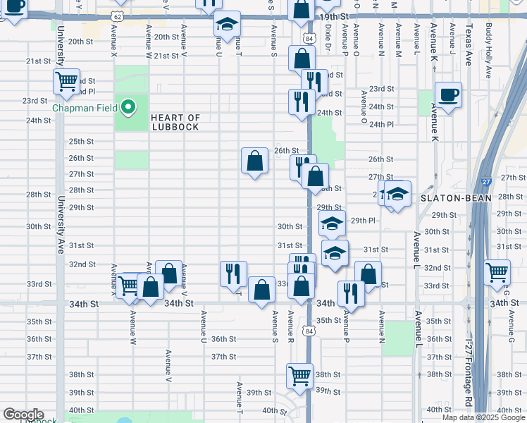 map of restaurants, bars, coffee shops, grocery stores, and more near 1902 29th Street in Lubbock