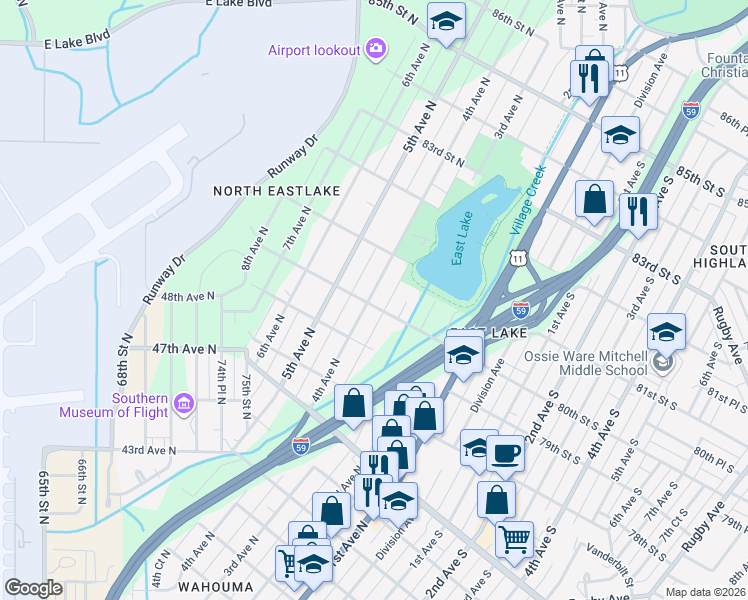 map of restaurants, bars, coffee shops, grocery stores, and more near 8010 4th Avenue North in Birmingham