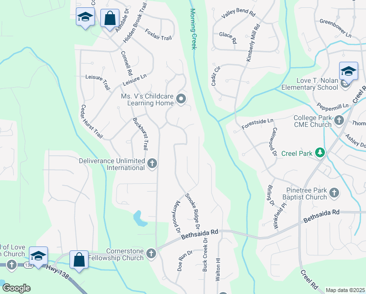 map of restaurants, bars, coffee shops, grocery stores, and more near 6866 Smoke Ridge Drive in College Park