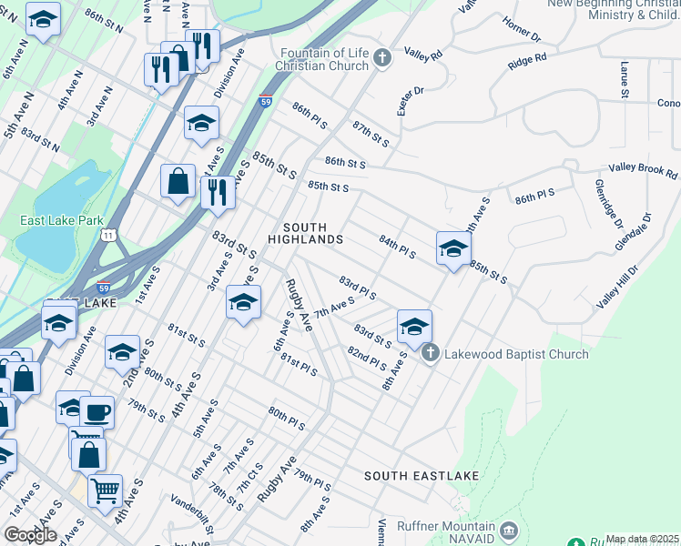 map of restaurants, bars, coffee shops, grocery stores, and more near 617 83rd Place South in Birmingham