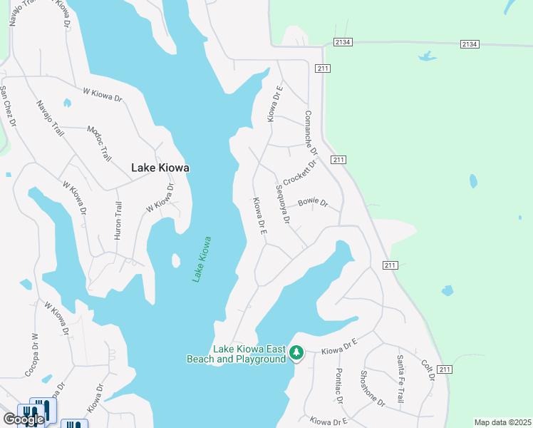map of restaurants, bars, coffee shops, grocery stores, and more near 122 Sequoya Drive in Lake Kiowa