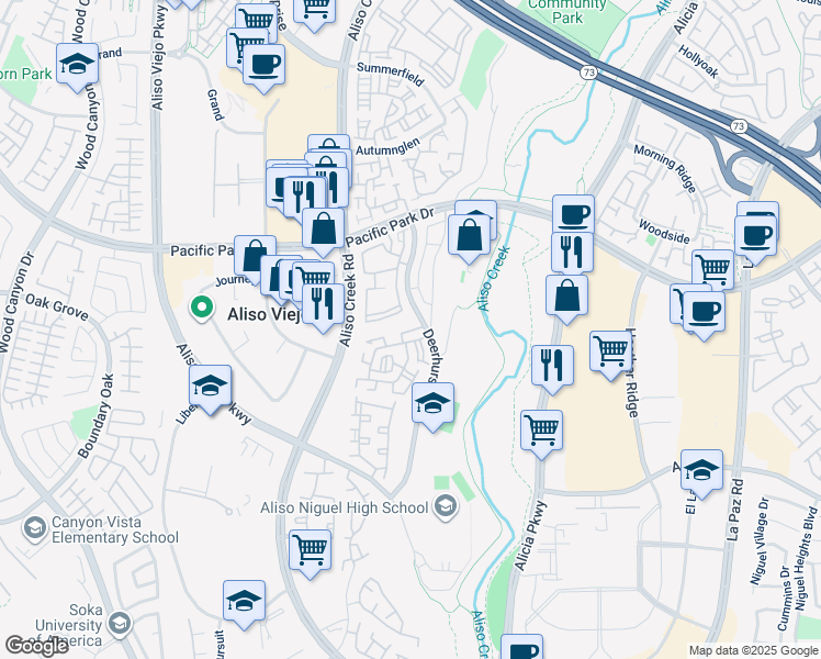 map of restaurants, bars, coffee shops, grocery stores, and more near 75 Hawaii Drive in Aliso Viejo