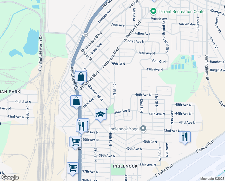 map of restaurants, bars, coffee shops, grocery stores, and more near 4524 40th Place North in Birmingham