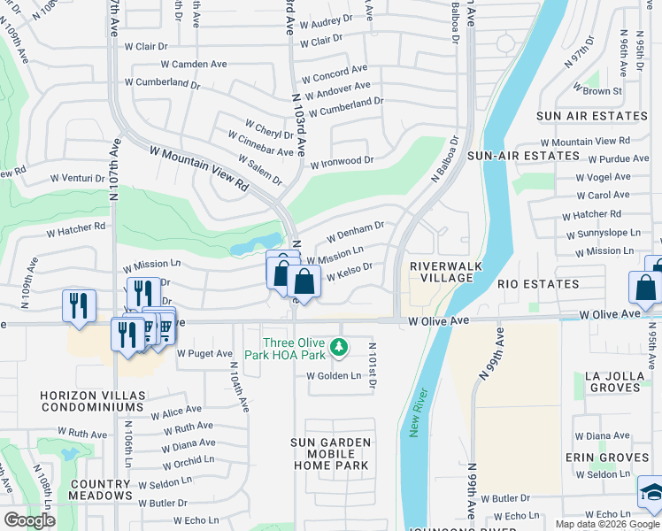 map of restaurants, bars, coffee shops, grocery stores, and more near 10218 West Mission Lane in Sun City