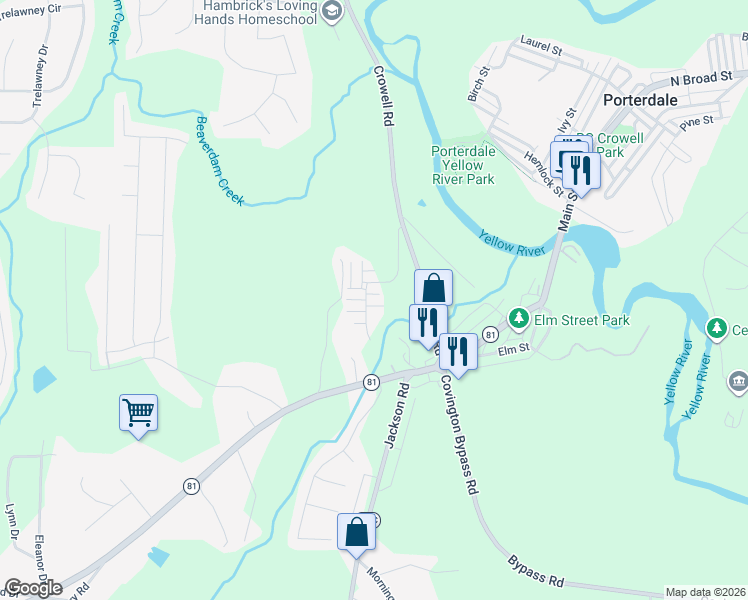 map of restaurants, bars, coffee shops, grocery stores, and more near 105 Austin Terrace in Porterdale