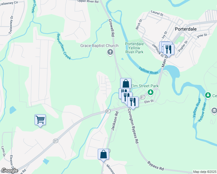 map of restaurants, bars, coffee shops, grocery stores, and more near 20 Daniel Lane in Porterdale