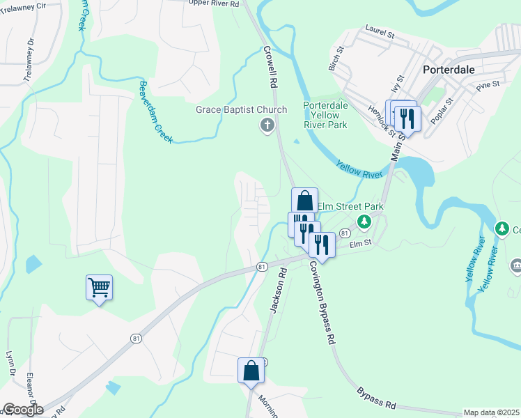 map of restaurants, bars, coffee shops, grocery stores, and more near 10 Daniel Lane in Porterdale