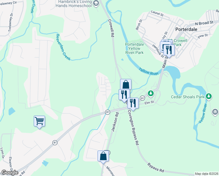 map of restaurants, bars, coffee shops, grocery stores, and more near 105 Austin Terrace in Porterdale