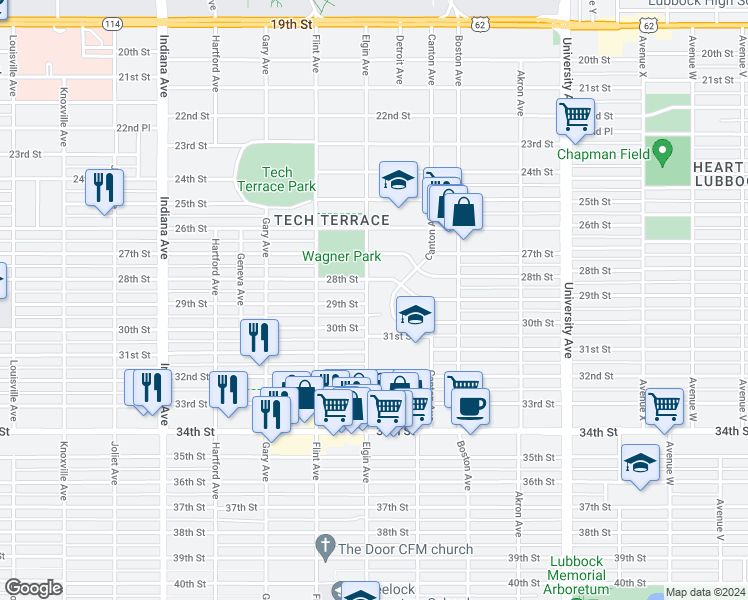 map of restaurants, bars, coffee shops, grocery stores, and more near 2811 Elgin Avenue in Lubbock