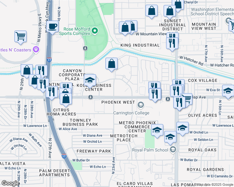 map of restaurants, bars, coffee shops, grocery stores, and more near 9034 N 23rd Ave in Phoenix