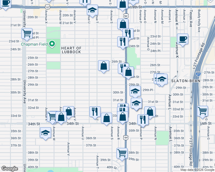 map of restaurants, bars, coffee shops, grocery stores, and more near 1902 29th Street in Lubbock