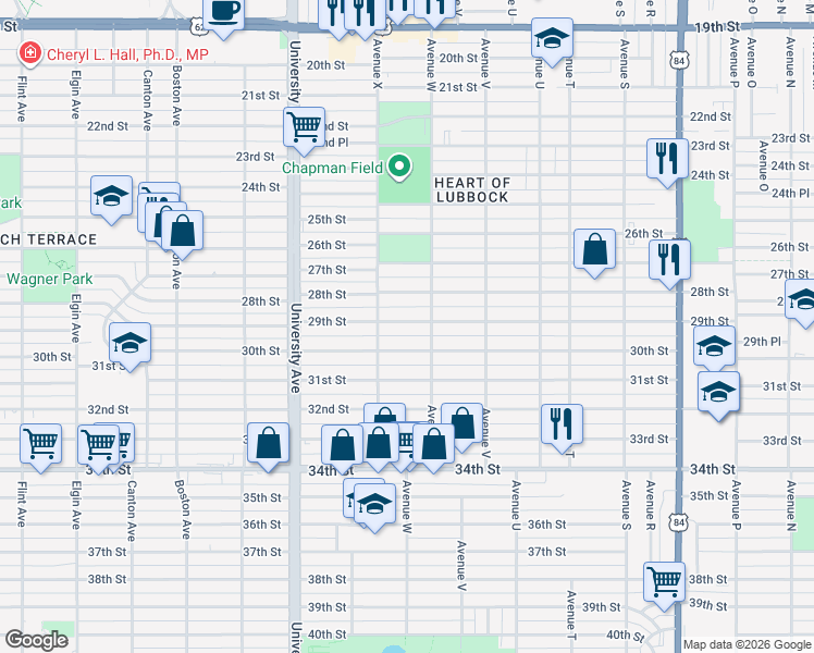 map of restaurants, bars, coffee shops, grocery stores, and more near 2314 29th Street in Lubbock